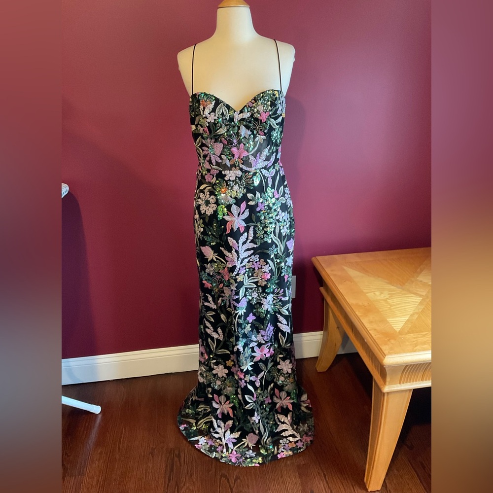 Mac Duggal Spaghetti Strap Bustier Embroidered Applique floral sequin Gown Sz 6 - Picture 9 of 16